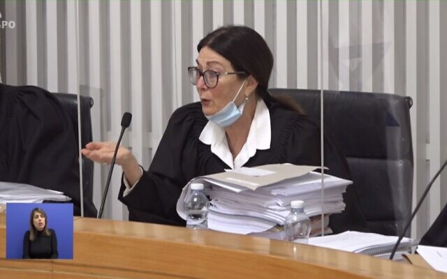 Supreme Court Chief Justice Esther Hayut speaks during High Court of Justice deliberations on petitions against Benjamin Netanyahu being appointed prime minister, on May 3, 2020. (Screen capture) Supreme Court Chief Justice Esther Hayut speaks during High Court of Justice deliberations on petitions against Benjamin Netanyahu being appointed prime minister, on May 3, 2020. (Screen capture)