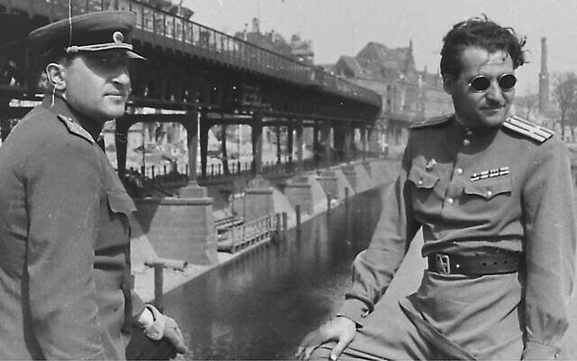 Major-General Matvey Weinrub, left, and writer Konstantin Simonov on the Hallesche-Tor-Brücke Bridge over the Landver Canal in Berlin, May 1945. (From the collection of the Moscow Jewish Museum and Tolerance Center) Major-General Matvey Weinrub, left, and writer Konstantin Simonov on the Hallesche-Tor-Brücke Bridge over the Landver Canal in Berlin, May 1945. (From the collection of the Moscow Jewish Museum and Tolerance Center)