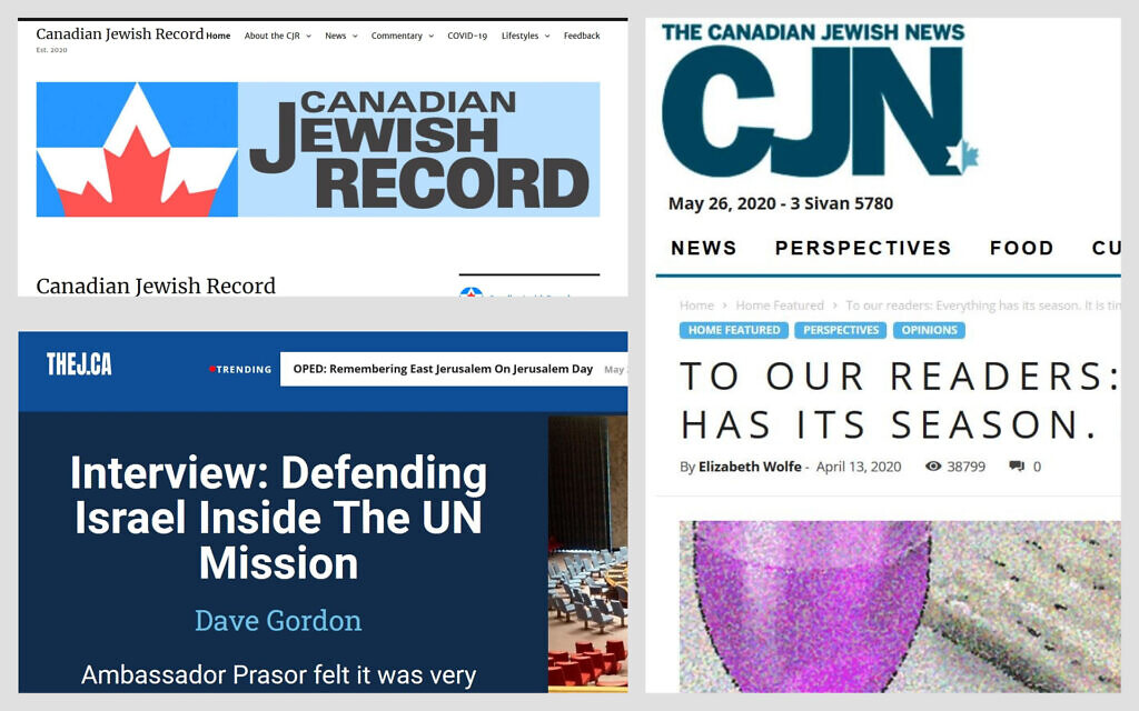 From top left: Screenshots of The Canadian Jewish Record, The Canadian Jewish News, and TheJ.ca. (Screenshot) From top left: Screenshots of The Canadian Jewish Record, The Canadian Jewish News, and TheJ.ca. (Screenshot)