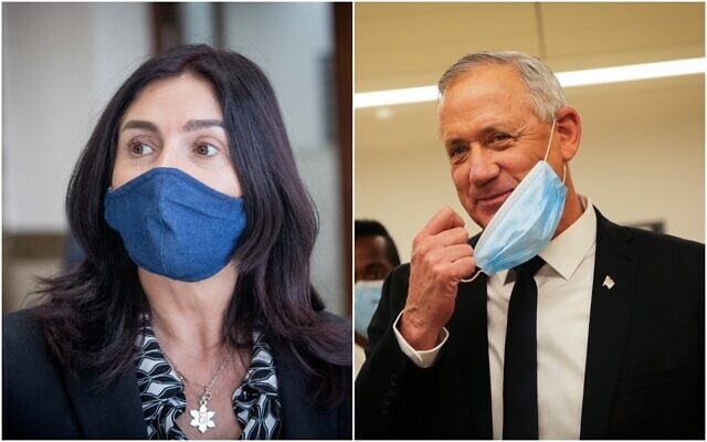 (L) Transportation Minister Miri Regev at the Jerusalem District Court in support of Prime Minister Benjamin Netanyahu on May 24, 2020. (Yonatan Sindel/Flash90). Defense Minister Benny Gantz at the Knesset on May 17, 2020. (Alex Kolomoisky/POOL) (L) Transportation Minister Miri Regev at the Jerusalem District Court in support of Prime Minister Benjamin Netanyahu on May 24, 2020. (Yonatan Sindel/Flash90). Defense Minister Benny Gantz at the Knesset on May 17, 2020. (Alex Kolomoisky/POOL)