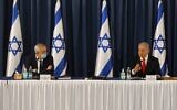 Prime Minister Benjamin Netanyahu (right) and Defense Minister Benny Gantz at the weekly cabinet meeting in Jerusalem on June 7, 2020. (Menahem KAHANA / AFP)