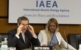 Rafael Grossi, (left) Director General of the International Atomic Energy Agency (IAEA), opens a virtual meeting of the Board of Governors of the IAEA in Vienna, Austria, on June 15, 2020 (JOE KLAMAR / AFP)