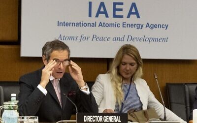 Rafael Grossi, (left) Director General of the International Atomic Energy Agency (IAEA), opens a virtual meeting of the Board of Governors of the IAEA in Vienna, Austria, on June 15, 2020 (JOE KLAMAR / AFP)