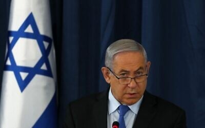 Then-prime minister Benjamin Netanyahu chairs the weekly cabinet meeting in Jerusalem, on June 28, 2020. (Ronen Zvulun/Pool/AFP) Then-prime minister Benjamin Netanyahu chairs the weekly cabinet meeting in Jerusalem, on June 28, 2020. (Ronen Zvulun/Pool/AFP)