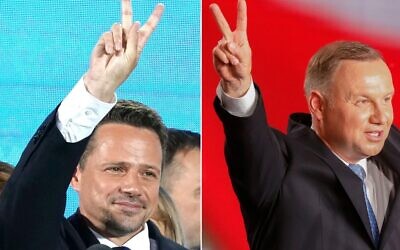 This combination of pictures shows Polish President Andrzej Duda (R) flashing V-signs after addressing supporters as exit poll results were announced during the presidential election in Lowicz, Poland, on June 28, 2020 and Warsaw Mayor Rafal Trzaskowski, a candidate, flashing V-signs to supporters as exit poll results were announced during the presidential election in Warsaw, Poland, on June 28, 2020. (Photos by Wojtek RADWANSKI and JANEK SKARZYNSKI / AFP)