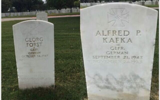 Two undated photos of POW headstones inscribed with swastikas at the Fort Sam Houston National Cemetery in San Antonio, Texas. (Courtesy of the Military Religious Freedom Foundation via JTA) Two undated photos of POW headstones inscribed with swastikas at the Fort Sam Houston National Cemetery in San Antonio, Texas. (Courtesy of the Military Religious Freedom Foundation via JTA)