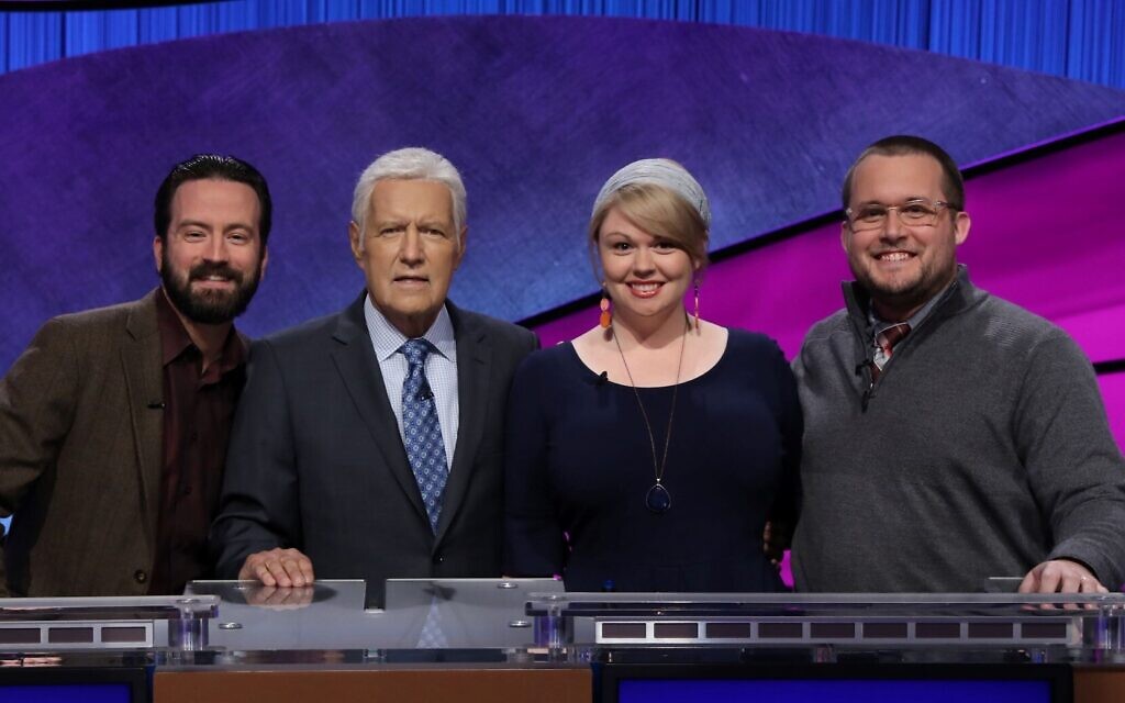 Meggie Kwait, a Jewish day school teacher from New York City, won $50,000 on the recent 'Jeopardy!' educators tournament. She is seen with host Alex Trebek, second from left, and the other two finalists. (Courtesy of Jeopardy Productions Inc./ via JTA) Meggie Kwait, a Jewish day school teacher from New York City, won $50,000 on the recent 'Jeopardy!' educators tournament. She is seen with host Alex Trebek, second from left, and the other two finalists. (Courtesy of Jeopardy Productions Inc./ via JTA)