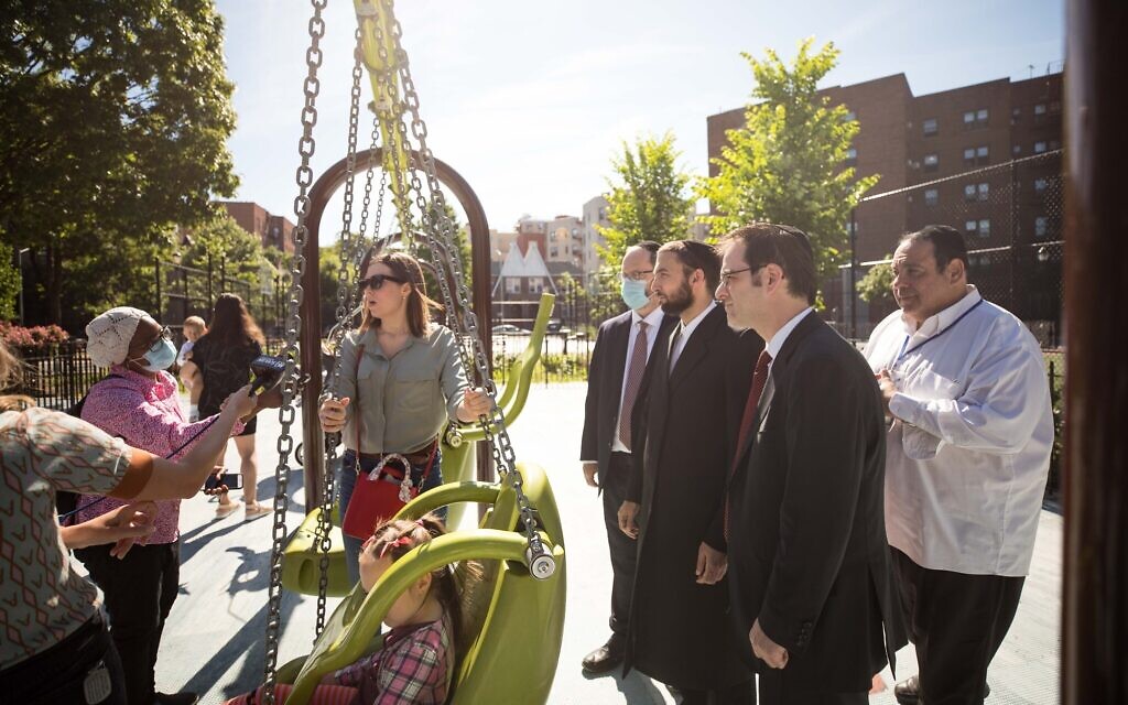 New York City Councilman Kalman Yeger, second from right, at a Brooklyn park, June 16, 2020. Yeger has been fighting to have sleepaway camps opened this summer. (Benjamin Kanter/ via JTA) New York City Councilman Kalman Yeger, second from right, at a Brooklyn park, June 16, 2020. Yeger has been fighting to have sleepaway camps opened this summer. (Benjamin Kanter/ via JTA)