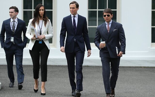 Assistant to the President and Special Representative for International Negotiations Avi Berkowitz, Special Assistant to the President Alexa Henning, Senior Adviser to President Donald Trump and son-in-law Jared Kushner, and White House Deputy Press Secretary Hogan Gidley walk out of the White House, May 8, 2020. (Chip Somodevilla/Getty Images, via JTA) Assistant to the President and Special Representative for International Negotiations Avi Berkowitz, Special Assistant to the President Alexa Henning, Senior Adviser to President Donald Trump and son-in-law Jared Kushner, and White House Deputy Press Secretary Hogan Gidley walk out of the White House, May 8, 2020. (Chip Somodevilla/Getty Images, via JTA)