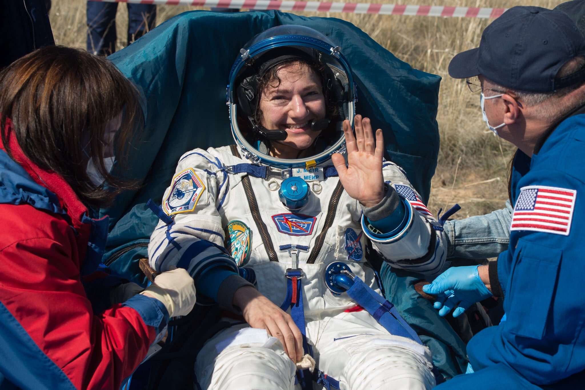 NASA astronaut Jessica Meir outside the Soyuz MS-15 spacecraft after she lands with NASA astronaut Andrew Morgan and Roscosmos cosmonaut Oleg Skripochka in a remote area near the town of Zhezkazgan, Kazakhstan on Friday, April 17, 2020.(NASA/GCTC/Andrey Shelepin) NASA astronaut Jessica Meir outside the Soyuz MS-15 spacecraft after she lands with NASA astronaut Andrew Morgan and Roscosmos cosmonaut Oleg Skripochka in a remote area near the town of Zhezkazgan, Kazakhstan on Friday, April 17, 2020.(NASA/GCTC/Andrey Shelepin)