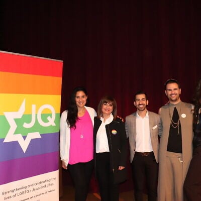 From left to right, Amanda Maddahi, Mahnaz Farzinpour, Arya Marvazy, Amir Yassai and Matthew Nouriel dressed up as drag persona 'The Empress' after speaking at a Persian Pride event at the West Hollywood City Council chambers, March 5, 2020. (Josefin Dolsten/ JTA)