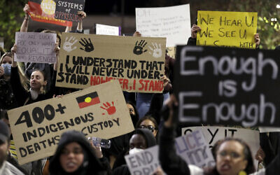 Protestors gather in Sydney to support the cause of US protests over the death of George Floyd and urged their own government to address racism and police violence,  June 2, 2020. (Rick Rycroft/AP)