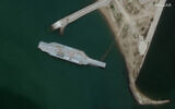 A fake aircraft carrier is seen off the coast of Bandar Abbas, Iran, June 7, 2020. (Satellite image ©2020 Maxar Technologies via AP)