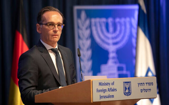 German Foreign Minister Heiko Maas gives a statement to the media following his meeting with his Israeli counterpart Gabi Ashkenazi, in Jerusalem, Wednesday, June 10, 2020. (AP Photo/Oded Balilty) German Foreign Minister Heiko Maas gives a statement to the media following his meeting with his Israeli counterpart Gabi Ashkenazi, in Jerusalem, Wednesday, June 10, 2020. (AP Photo/Oded Balilty)