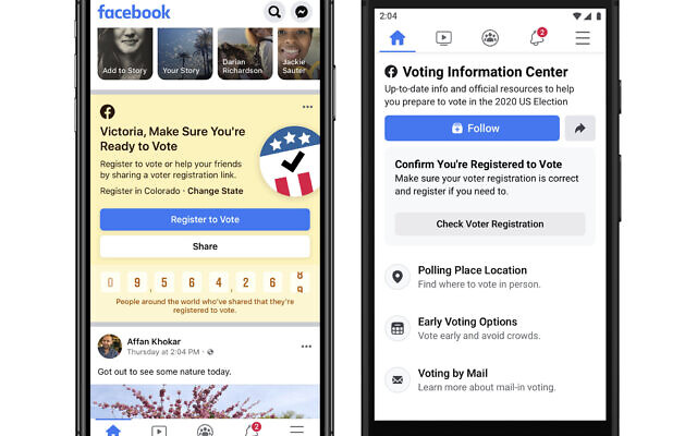 This image provided by Facebook shows screenshots of its Voting Information Center. (Facebook via AP) This image provided by Facebook shows screenshots of its Voting Information Center. (Facebook via AP)