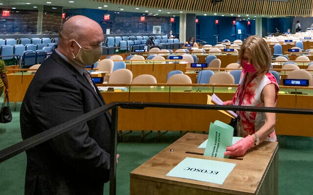 Norway's ambassador to the United Nations, Mona Juul, casts a vote during UN elections, June 17, 2020, at UN headquarters in New York. (Eskinder Debebe/UN Photo via AP)