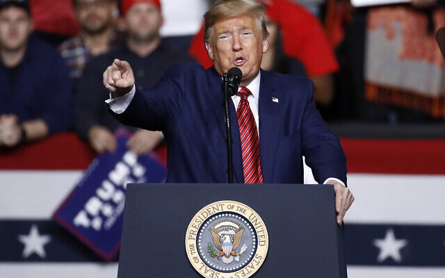 US President Donald Trump during a campaign rally, in North Charleston, South Carolina, February 28, 2020. (AP Photo/Patrick Semansky) US President Donald Trump during a campaign rally, in North Charleston, South Carolina, February 28, 2020. (AP Photo/Patrick Semansky)
