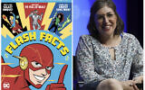 A cover image released by DC Comics of "Flash Facts" by Mayim Bialik (left), and Mayim Bialik (right), as she speaks at AT&T's SHAPE: "The Scully Effect is Real" panel on June 22, 2019, in Burbank, California. (Derek Charm/DC Comics via AP, left, and AP Photo)
