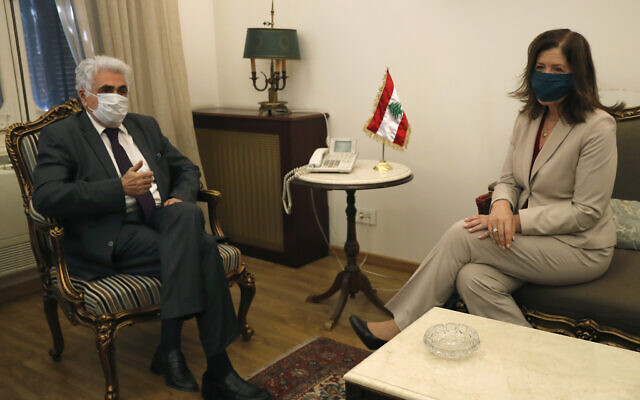 Lebanese Foreign Minister Nassif Hitti, left, meets with US Ambassador to Lebanon Dorothy Shea, in Beirut, Lebanon, June 29, 2020 (AP Photo/Hussein Malla) Lebanese Foreign Minister Nassif Hitti, left, meets with US Ambassador to Lebanon Dorothy Shea, in Beirut, Lebanon, June 29, 2020 (AP Photo/Hussein Malla)