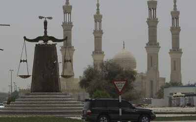 A justice symbol monument is seen in front of a mosque in Ras al Khaimah, United Arab Emirates, May 3, 2012. (Kamran Jebreili/AP)