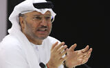 UAE presidential adviser Anwar Gargash speaks to journalists in Dubai, United Arab Emirates, Monday, June 18, 2018. (AP/Jon Gambrell)
