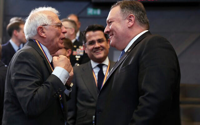 US Secretary of State Mike Pompeo, right, speaks with then-Spanish Foreign Minister Josep Borrell during a meeting of the North Atlantic Council at NATO headquarters in Brussels, December 4, 2018. (AP/Francisco Seco) US Secretary of State Mike Pompeo, right, speaks with then-Spanish Foreign Minister Josep Borrell during a meeting of the North Atlantic Council at NATO headquarters in Brussels, December 4, 2018. (AP/Francisco Seco)