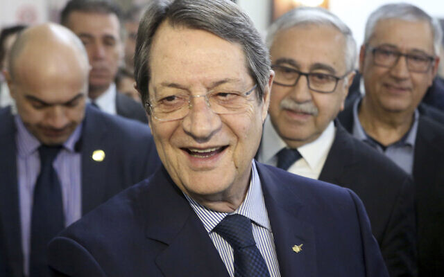 Cyprus' President Nicos Anastasiades, center, at the Ledra Palace Hotel inside the UN controlled buffer zone in divided capital Nicosia, Cyprus, Monday, Feb. 3, 2020. (AP/Petros Karadjias) Cyprus' President Nicos Anastasiades, center, at the Ledra Palace Hotel inside the UN controlled buffer zone in divided capital Nicosia, Cyprus, Monday, Feb. 3, 2020. (AP/Petros Karadjias)