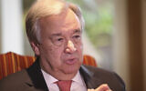 UN Secretary General Antonio Guterres speaks to The Associated Press in Lahore, Pakistan, Tuesday, Feb. 18, 2020.  (AP Photo/K.M. Chaudhry)