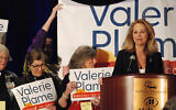 Congressional candidate and former CIA operative Valerie Plame seeks support from local party delegates at the Democratic Party preprimary convention in Pojoaque, N.M., March 7, 2020. (AP Photo/Morgan Lee)