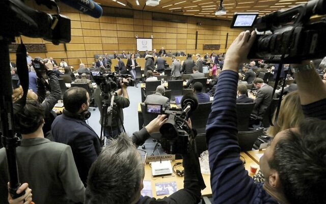 The board of governors meeting of the International Atomic Energy Agency, IAEA, at the International Center in Vienna, Austria, March 9, 2020. (AP/Ronald Zak) The board of governors meeting of the International Atomic Energy Agency, IAEA, at the International Center in Vienna, Austria, March 9, 2020. (AP/Ronald Zak)