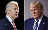 In this combination of file photos, former US vice president Joe Biden speaks in Wilmington, Delaware, on March 12, 2020, left, and President Donald Trump speaks at the White House in Washington on April 5, 2020. (AP Photo, File)