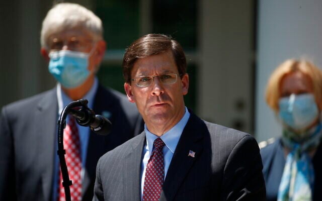 US Defense Secretary Mark Esper speaks during a press briefing about the coronavirus in the Rose Garden of the White House on May 15, 2020, in Washington. (AP Photo/Alex Brandon) US Defense Secretary Mark Esper speaks during a press briefing about the coronavirus in the Rose Garden of the White House on May 15, 2020, in Washington. (AP Photo/Alex Brandon)