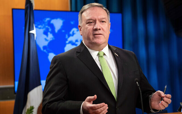 Secretary of State Mike Pompeo speaks during a press briefing at the State Department on Wednesday, May 20, 2020, in Washington. (Nicholas Kamm/Pool Photo via AP)
