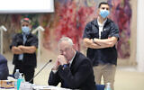 Defense Minister Benny Gantz attends the first cabinet meeting of the new government at the Chagall Hall in the Knesset in Jerusalem, May 24, 2020. (Abir Sultan/Pool Photo via AP)