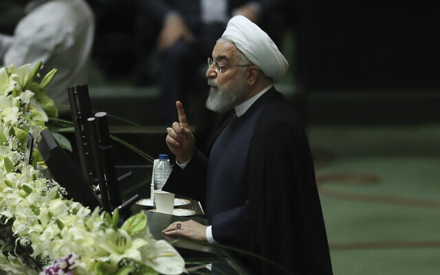 Iranian President Hassan Rouhani speaks during the inauguration of the new parliament in Tehran, Iran, May, 27, 2020. (Vahid Salemi/AP) Iranian President Hassan Rouhani speaks during the inauguration of the new parliament in Tehran, Iran, May, 27, 2020. (Vahid Salemi/AP)