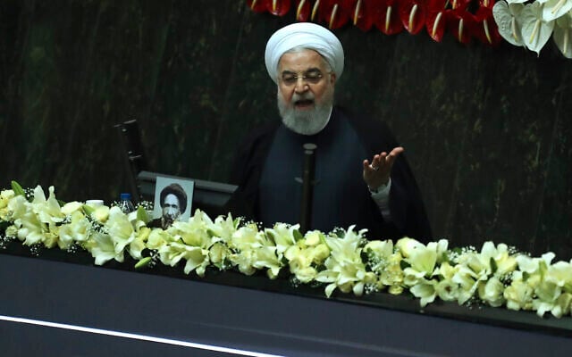 Iranian President Hassan Rouhani speaks during the inauguration of the new parliament in Tehran, Iran, May, 27, 2020 (AP Photo/Vahid Salemi) Iranian President Hassan Rouhani speaks during the inauguration of the new parliament in Tehran, Iran, May, 27, 2020 (AP Photo/Vahid Salemi)