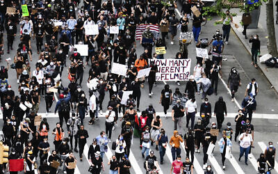 Illustrative: Overhead view of an anti-police brutality Black Lives Matter protest rally on Third Avenue on June 2, 2020, in New York. (Photo by Evan Agostini/Invision/AP)