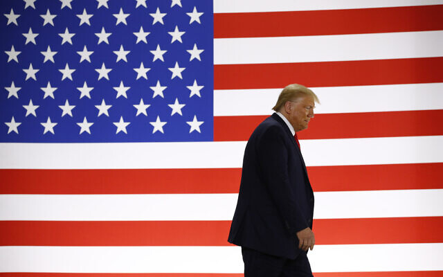 US President Donald Trump arrives to speak during a tour of a medical swab manufacturing facility in Maine, on June 5, 2020. (Patrick Semansky/AP) US President Donald Trump arrives to speak during a tour of a medical swab manufacturing facility in Maine, on June 5, 2020. (Patrick Semansky/AP)