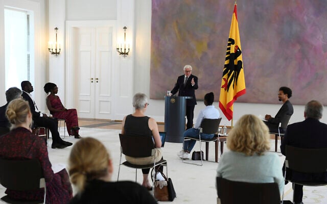 Federal President Frank-Walter Steinmeier, center, talks during a discussion round on experiences of racism and discrimination at Bellevue Palace, Berlin, June 16, 2020 (Annegret Hilse/Pool Photo via AP) Federal President Frank-Walter Steinmeier, center, talks during a discussion round on experiences of racism and discrimination at Bellevue Palace, Berlin, June 16, 2020 (Annegret Hilse/Pool Photo via AP)