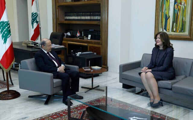 In this photo released on Thursday, June 11, 2020 by the Lebanese Government, President Michel Aoun, left, meets with U.S. Ambassador to Lebanon Dorothy Shea, at the Presidential Palace in Baabda, east of Beirut, Lebanon. (Dalati Nohra/Lebanese Government via AP) In this photo released on Thursday, June 11, 2020 by the Lebanese Government, President Michel Aoun, left, meets with U.S. Ambassador to Lebanon Dorothy Shea, at the Presidential Palace in Baabda, east of Beirut, Lebanon. (Dalati Nohra/Lebanese Government via AP)