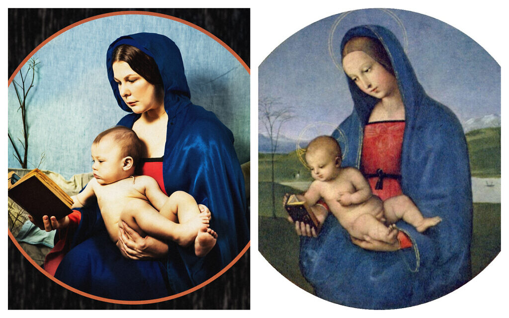 Julia Ohotnikova, left, reenacting  Raphael's Conestabile Madonna, right. (Courtesy/ Public domain)
