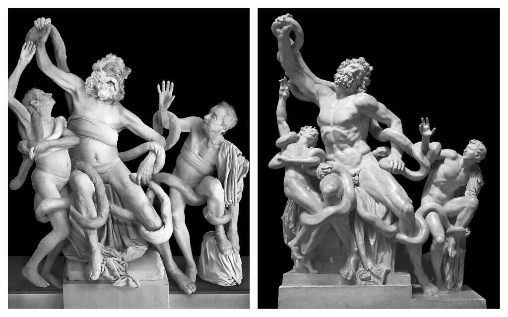 Artist Galina Bleikh arranged a reenactment, left, of the Greek Laocoon, with the original at right. (Courtesy/ Public domain)