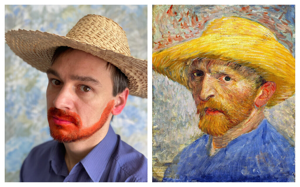 Katerina Brudnaya-Chelyadinova's husband Dmitry, left, reenacting Van Gogh's famous 1887 self-portrait, right. (Courtesy/ Public domain)