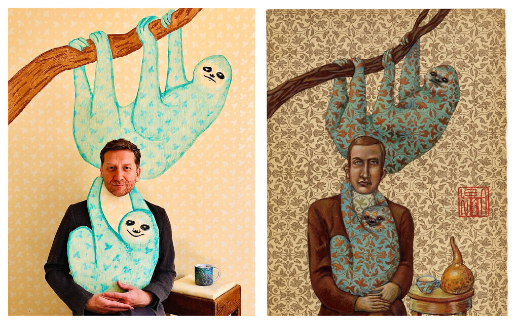 Vladimir Shcherban, left, reenacting contemporary artist Lena Revenko's painting, 'My Family,' right. (Courtesy Shcherban/ Revenko)