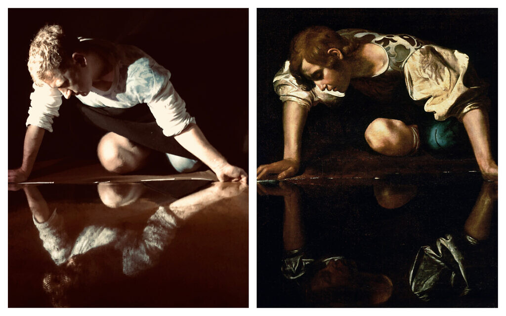 Vladimir Shcherban, left, reenacting Caravaggio's Narcissus, right. (Courtesy/ Public domain)