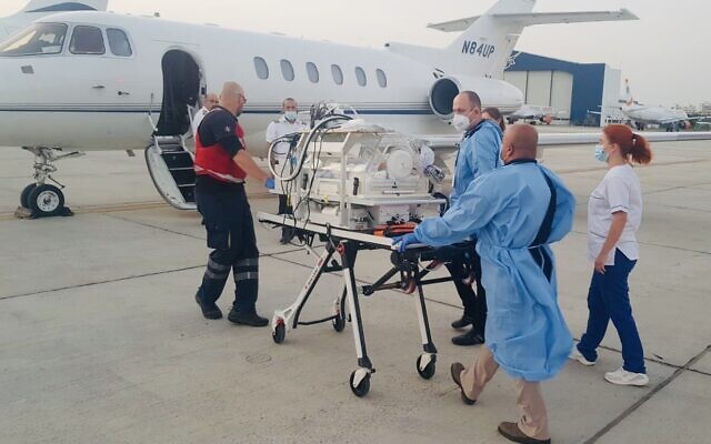 A 10-day-old Syrian baby is flown from Cyprus to Israel for emergency surgery on June 11, 2020. (Sammy Revel/Twitter) A 10-day-old Syrian baby is flown from Cyprus to Israel for emergency surgery on June 11, 2020. (Sammy Revel/Twitter)