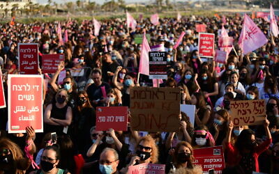 Israelis protest against violence towards women, in Tel Aviv on June 1, 2020. (Tomer Neuberg/Flash90)
