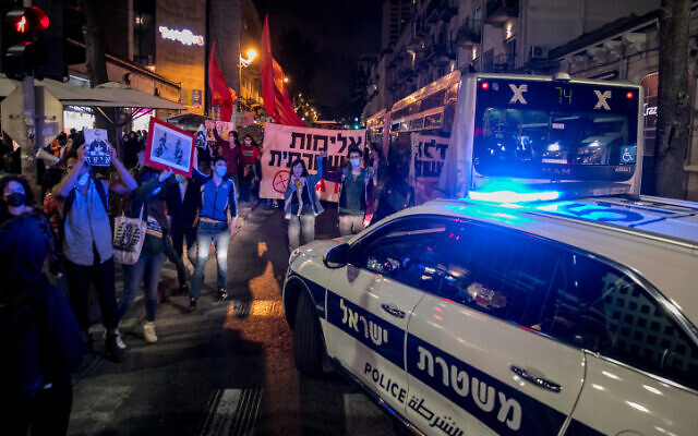 A protest in Jerusalem against the police killings of Iyad Halak and George Floyd, on June 2, 2020. (Olivier Fitoussi/Flash90) A protest in Jerusalem against the police killings of Iyad Halak and George Floyd, on June 2, 2020. (Olivier Fitoussi/Flash90)