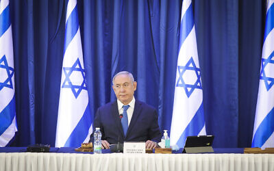 Prime Minister Benjamin Netanyahu at the weekly cabinet meeting, at the Foreign  Ministry in Jerusalem on June 21, 2020. (Marc Israel Sellem)