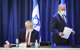 Prime Minister Benjamin Netanyahu (R) and Defense Minister Benny Gantz attend the weekly cabinet meeting at the Foreign Ministry in Jerusalem on June 21, 2020. (Marc Israel Sellem/Pool/Flash90)